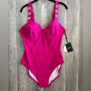 DKNY ORCHID Grommet Balconette Corset Underwire One-Piece Swimsuit, US 16 -NEW!